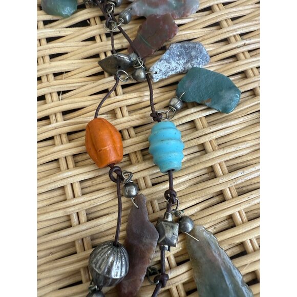 Vintage 80s Double Strand Necklace Carved Agate Trade Beads Boho - Picture 13 of 16